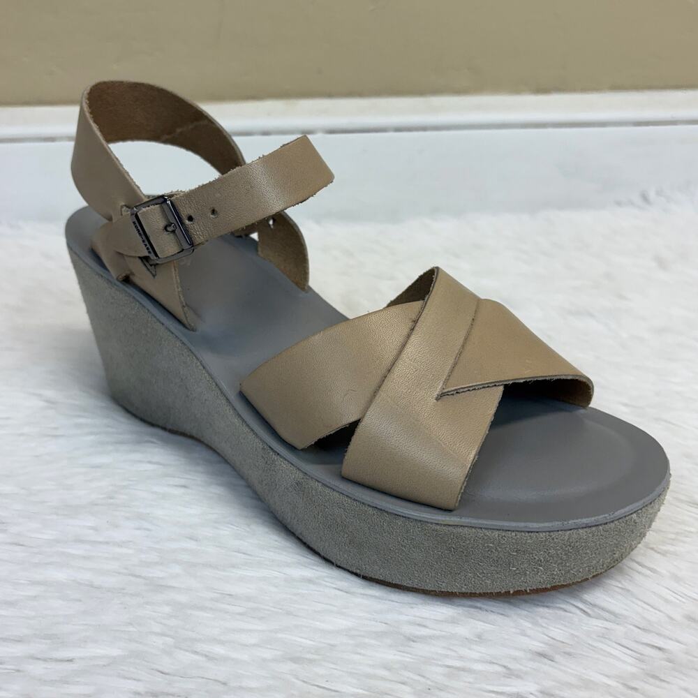 Kork-Ease Ava Wedge Leather Platform Sandals Tan Gray Size 8